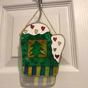 Green and Gold Christmas Mitten Ornament with Hearts